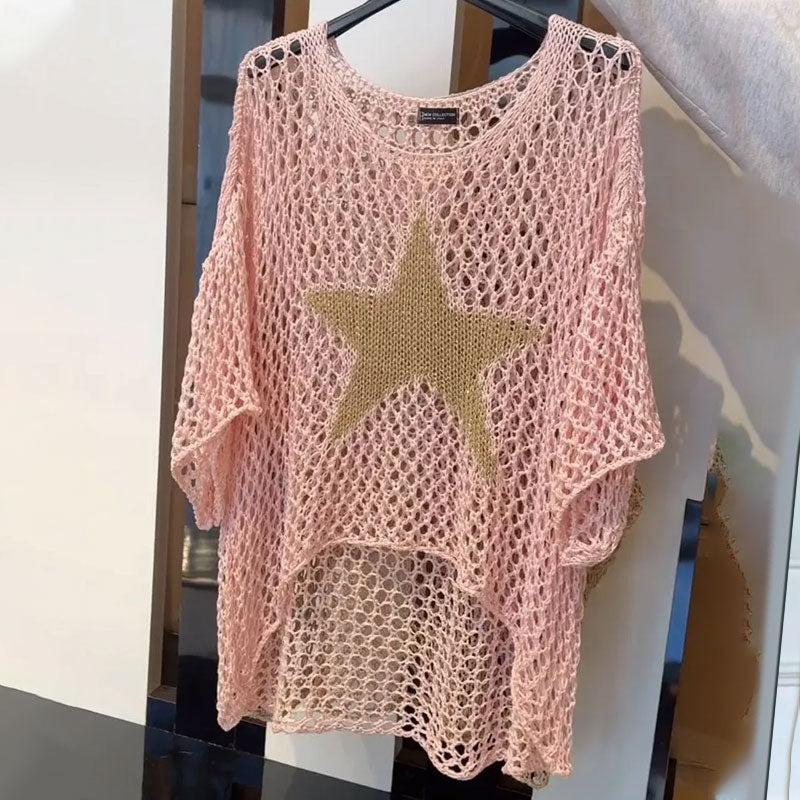 🌟👚 Modny damski top z szydełkową dzianiną na szydełku z okrągłym dekoltem